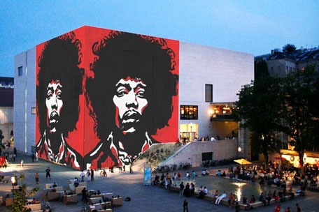 Leopold Museum, projection onto the building:  "Jimi Hendrix" (Otto Muehl, 1968), foto: vbk wien, 2010 Estate Otto Muehl